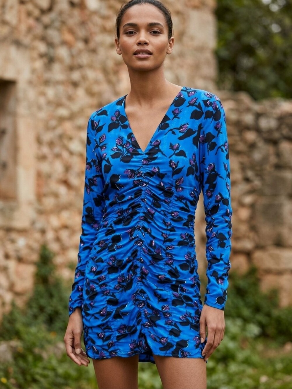ZARA Blue Flowered Mini Dress Ruched S - Picture 1 of 6